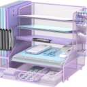 DALTACK Mesh Desk Organizer, 5-Tier Paper Letter Tray with File Holder & Pen Holder & Sliding Drawer, Desktop Organizer and Storage for Desk Accessories Office Supplies, Purple