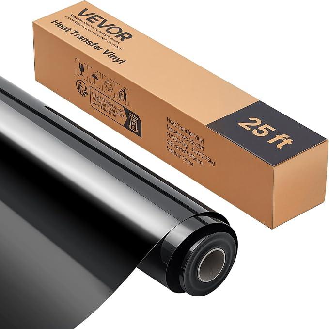 VEVOR Heat Transfer Vinyl, 12 in x 25 ft, Glossy Black HTV Iron on Vinyl Roll, Easy to Cut and Weed, Strong Adhesion, Compatible with Cutting Machines, for Various Materials, T-Shirts, Pillows, Hats