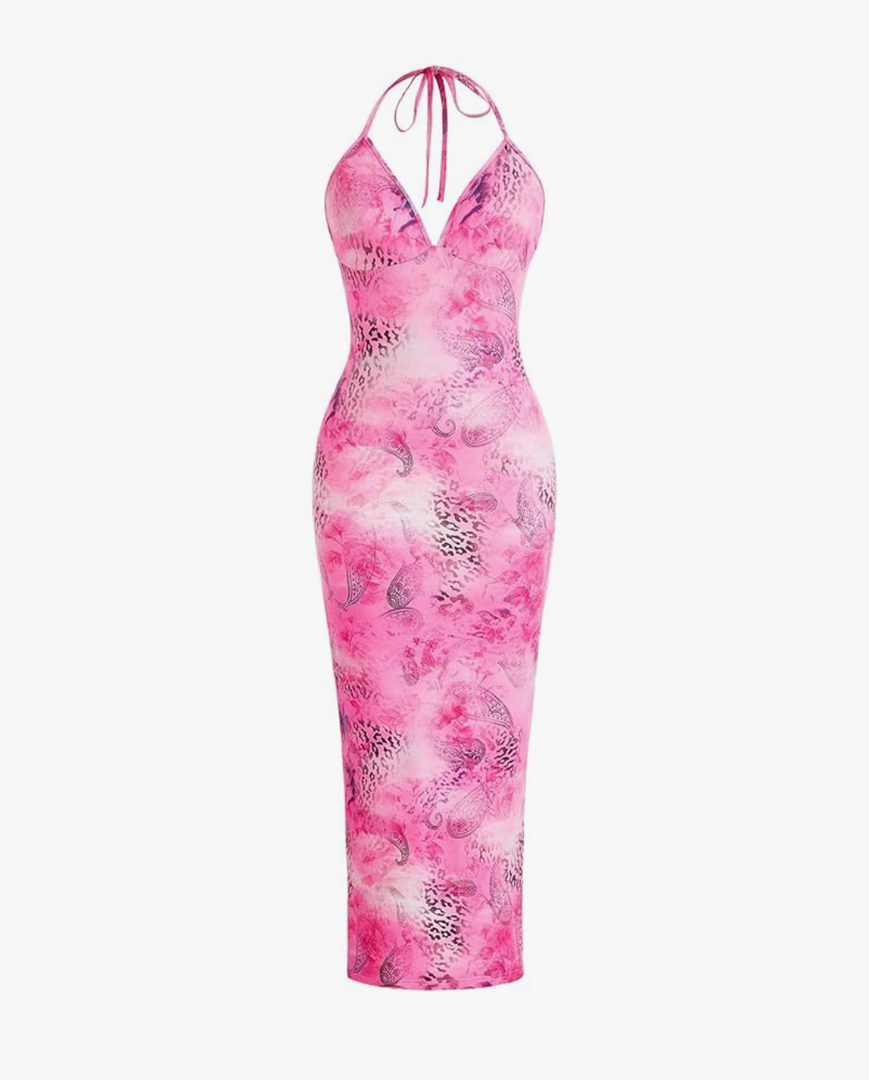 GORGLITTER Women's Floral Leopard Print Maxi Bodycon Dress Backless Halter Summer Vacation Dresses, Size L 