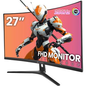 CRUA 27" Curved Gaming Monitor, 280Hz FHD (1920X1080P), 1800R VA Panel, 120% sRGB, Support AMD FreeSync, Low Blue Light, Ultra-Smooth Esports Display, HDMI 1.4 & DP 1.2, Wall Mountable Installs-Black
