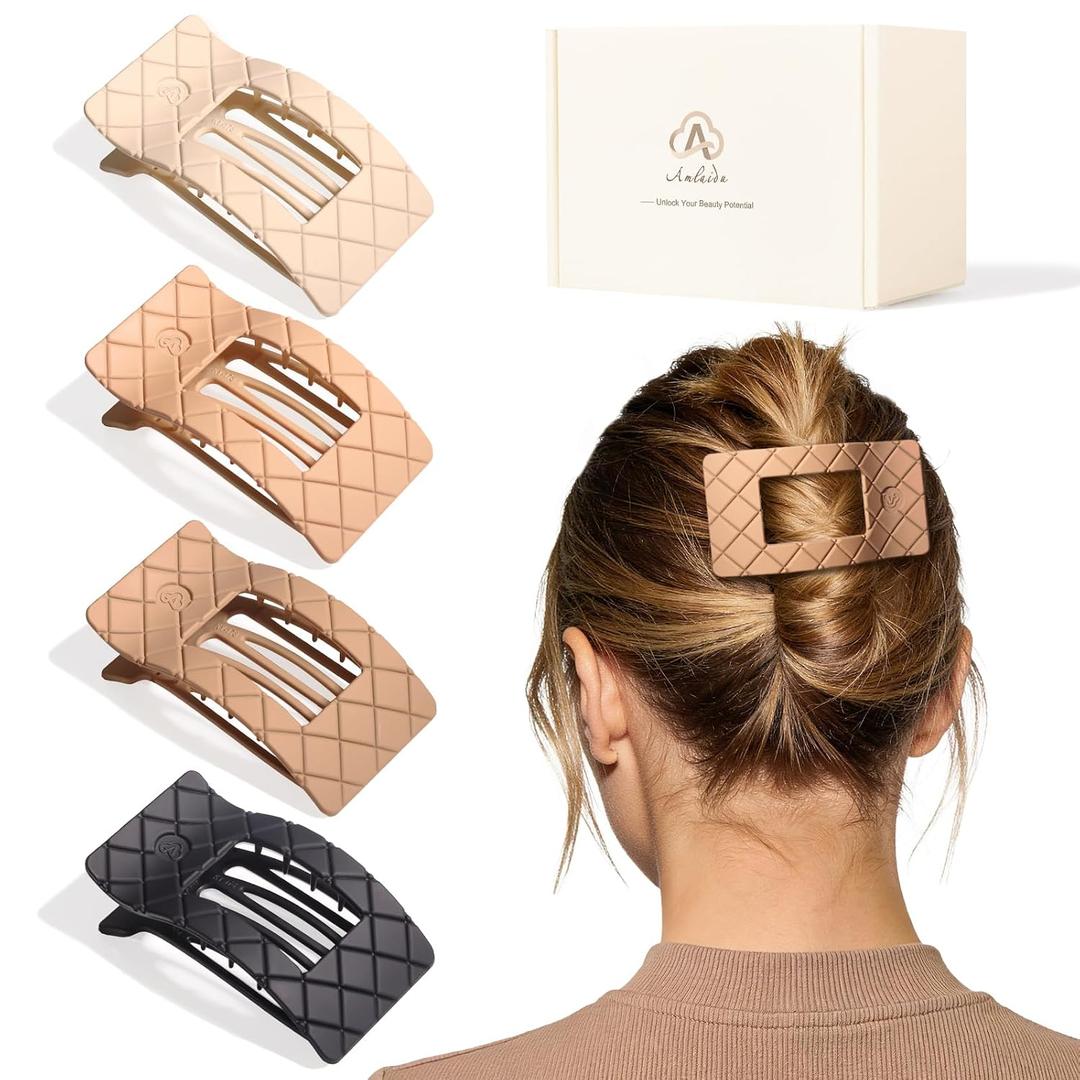 2 x Medium Flat Hair Claw Clips for Women Thin Thick Hair, Duckbill Strong Hold Non Slip Square Hair Clips, Cozy French Lay Down Hairclips, Beige, Light Khaki, Dark Khaki, Black, 4 Pcs