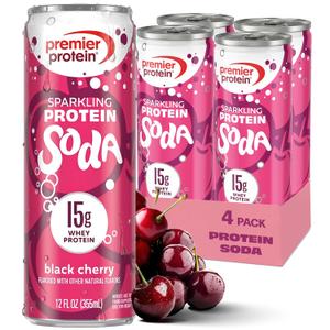 Premier Protein Sparkling Protein Soda, Black Cherry, 15g Whey, 4 Pack (EXP 08/06/27)