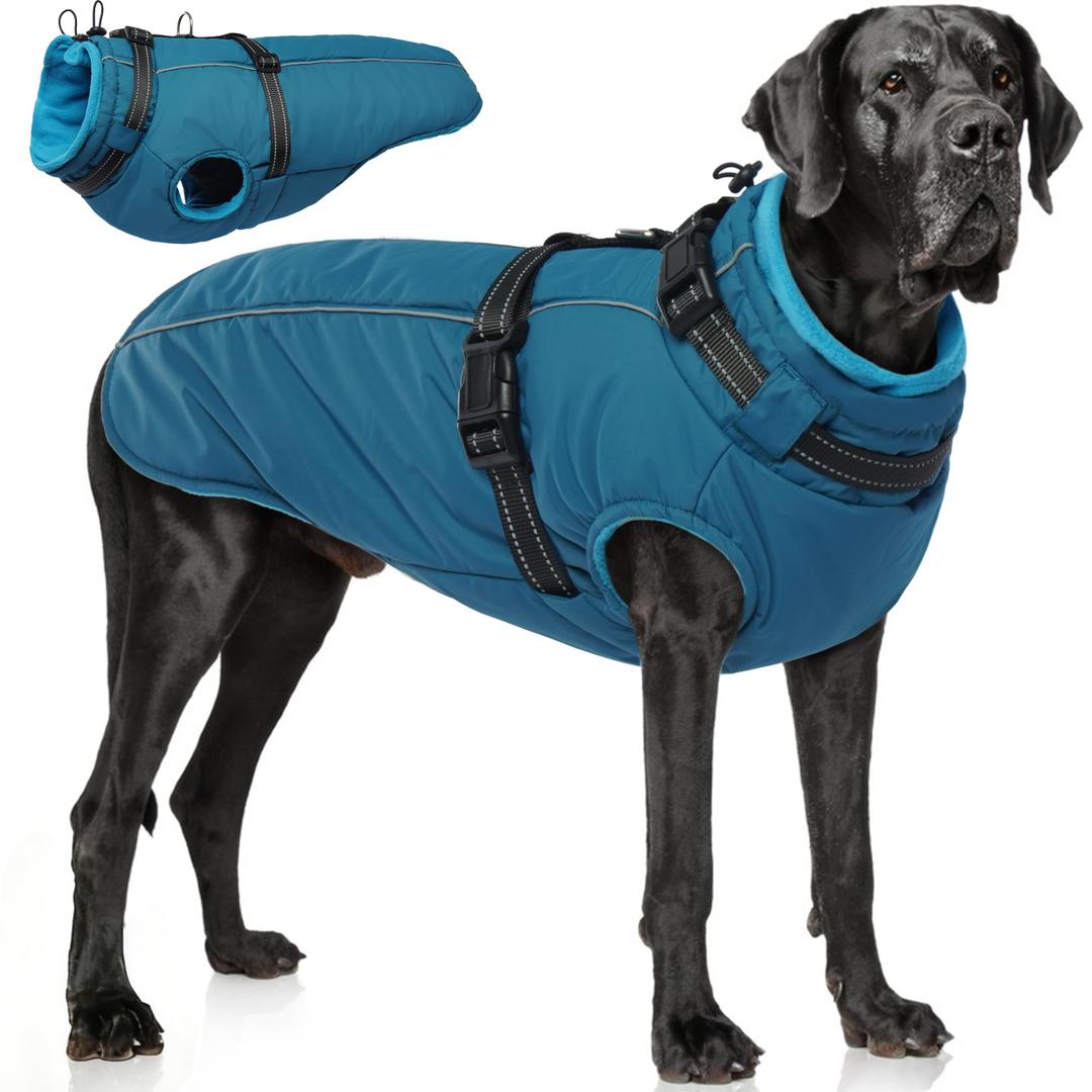 PUMYPOREITY Dog Coats for Large Dogs, Warm Dog Coat with Harness Built in, Reflective Jackets for Dogs, Waterproof Dog Snow Coat, Fleece Lined Winter Dog Jackets for Large Dogs, Labrador, Blue, XL
