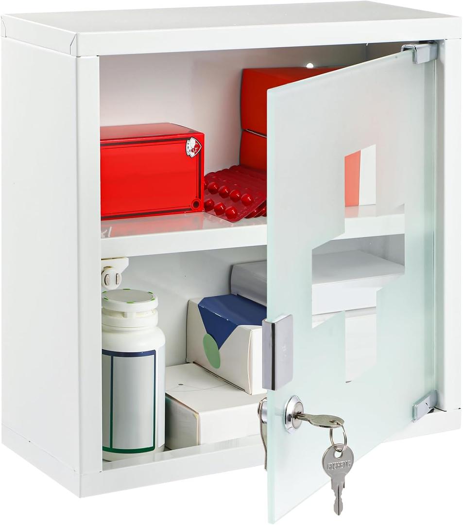 Timgle First Aid Wall Cabinet with Lock Medicine Wall Mounted Bathroom Storage Hanging Medical Cabinet with Safety Glass Door for Bathroom(2 Shelves,White)