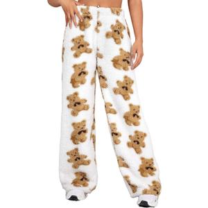WDIRARA Women's Cartoon Bear Graphic Fuzzy Pajama Pants Elastic Waist Straight Leg Trousers (Beige, L)