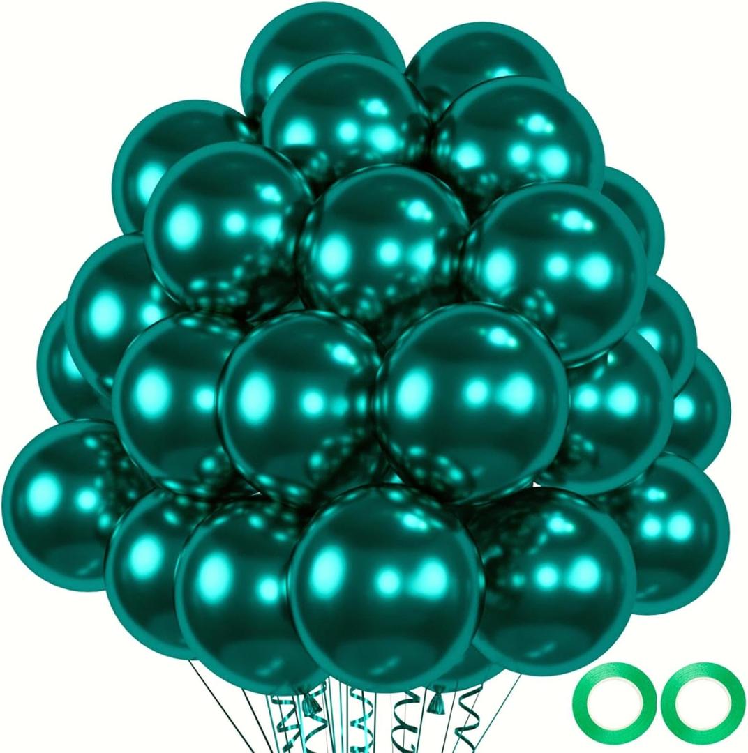 50pcs Chrome Emerald Green Balloons  12 Double Stuffed Metallic Dark Green Balloons for Weddings, Class of 2025 Graduations, Baby Shower Luxury Event Decor Includes 66ft Ribbons