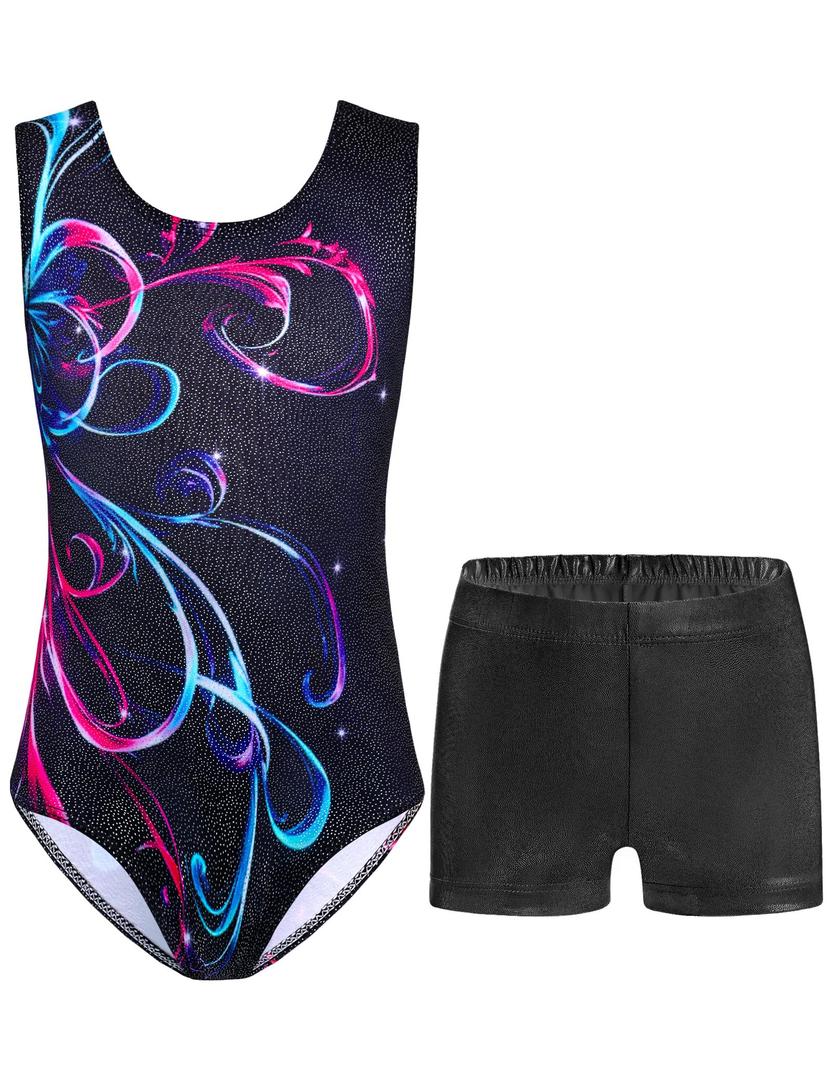 Nymphperi Gymnastics Leotards for Girls Size 6-7 Years Old Sparkly Color Lines Set with Matching Shorts