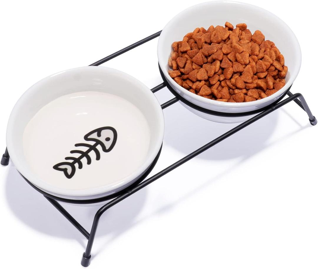 Anti-Vomiting Raised Cat Bowls - 2 13 oz Ceramic Cat Food & Water Bowls with Non-Slip Stainless Steel Stand, Dishwasher Safe for Indoor Cats