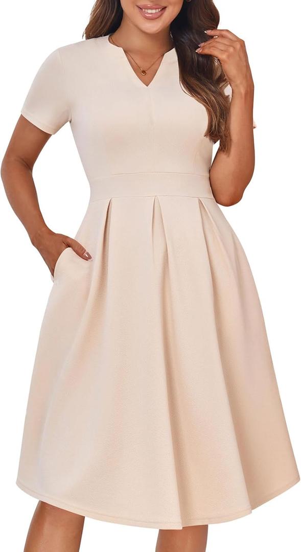 YATHON Womens Elegant Print Notched Neck Slant Pocket Pleated Hem Casual A-Line Dress (XL)