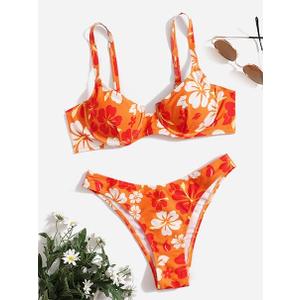 WDIRARA Women's Floral Print Underwire Bikini Swimsuit 2 Piece Bathing Suits Swimwear (Green White) M