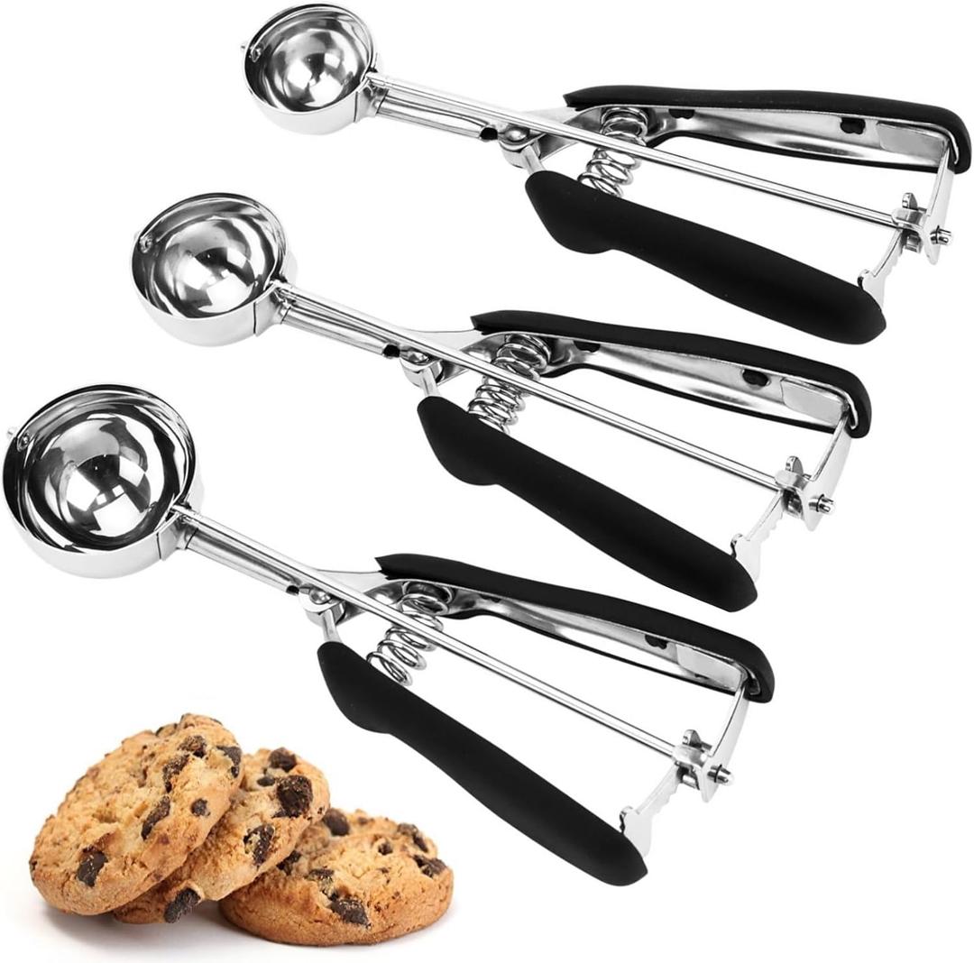 Cookie Scoop Set, 3Pcs Ice Cream Scoop, Cookie Scoops for Baking Set of 3, 18/8 Stainless Steel Cookie Scooper for Baking, Ice Cream Scooper with Trigger Release, Cookie Dough Scoop with Non-slip Grip