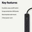 Amazon Basics Rectangle 6-Outlet Surge Protector Power Strip with Circuit Breaker, 600 Joule, 2ft Cord, Black, 2-Pack