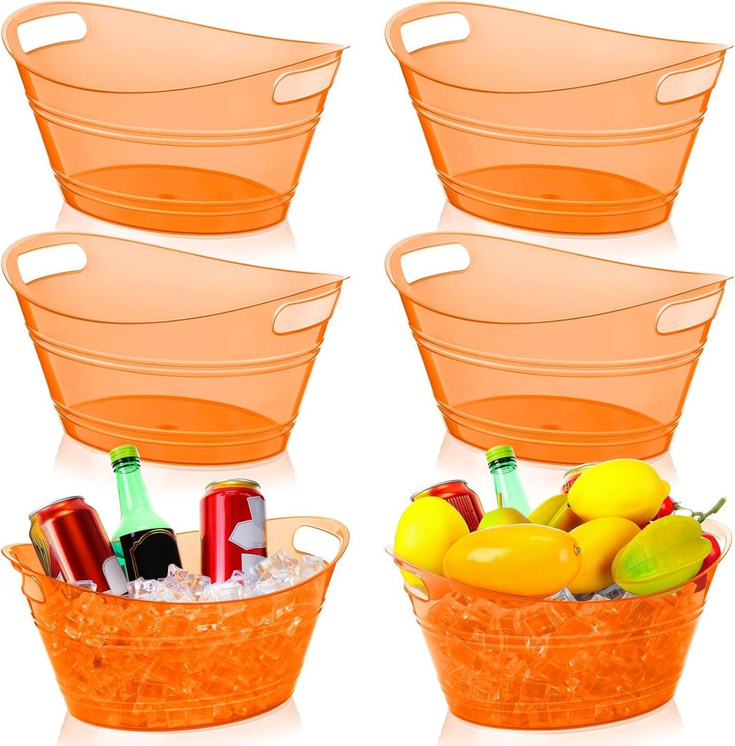 meekoo 6 Pcs Plastic Ice Buckets Bulk with Handles 4.5L Oval Storage Tub Large Capacity Ice Drink Bucket for Party Bar Beverage Bottle Cooler (4.5 L, Orange)