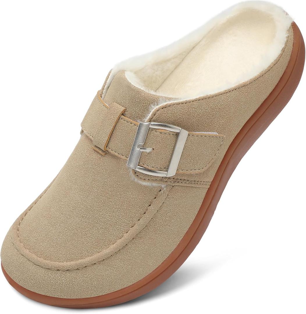 JOINFREE Womens Fuzzy Slippers Cozy Wide Mules Adjustable Diabetic Slippers Warm Memory Foam House Clogs Slipper Indoor Outdoor Potato Shoes for Edema Swollen Feet (Taupei, 8 Wide)