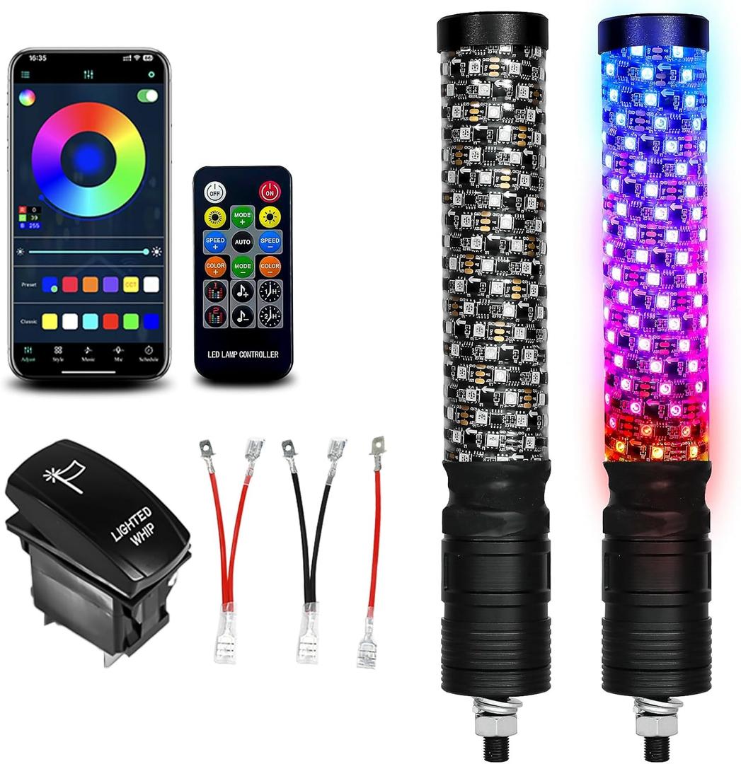 2 Pack 1FT Fat Whip Lights, LED Whip Lights with App & Remote Control, Spiral RGB Chasing Lighted Antenna Whips with Rocker Switch, Music Whip Light for SXS UTV ATV RZRCan-Am X3 Off-Road
