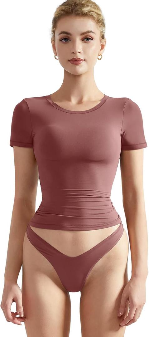 SUUKSESS Women Double Lined Fitted Basic Tee Crew Neck Short Sleeve Y2K Crop Top (Medium, Marsala)