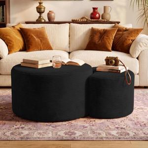 BSHOMGI Boneless Ottoman Nesting Coffee Table Set of 2,Corduroy Soft Foot Rest Movable Large Pouf Footstool for Living Room Sofa Couch Bedroom Entryway and Small Spaces No Assembly (Black), 32" + 17"