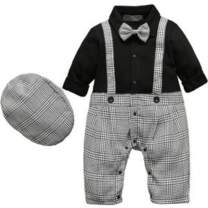 HMD Baby Boy Long Sleeve Gentleman White Shirt Waistcoat Bowtie Tuxedo Onesie Jumpsuit Overall Romper (3-6 Months, 2116black)
