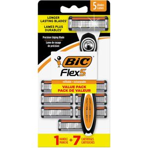 BIC Flex 5 Refillable Razors for Men, Long-Lasting 5 Blade Razors for a Smooth and Comfortable Shave, 1 Handle and 7 Cartridges, 8 Piece Shaving Kit