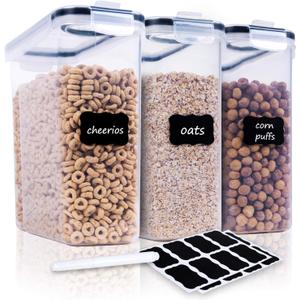 Cereal Containers Storage Set - 3 Piece Airtight Large Dry Cereal Container (135.2oz), BPA Free Dispenser Plastic Cereal Storage Containers with 16 Labels & Pen