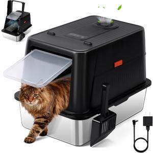 Stainless Steel Litter BoxXXL Enclosed High Sided Litter Box with Scoop for Big Cats, Non-Sticky, Anti-Leakage, Odor Control, Easy Clean (Black Fully Enclosed)