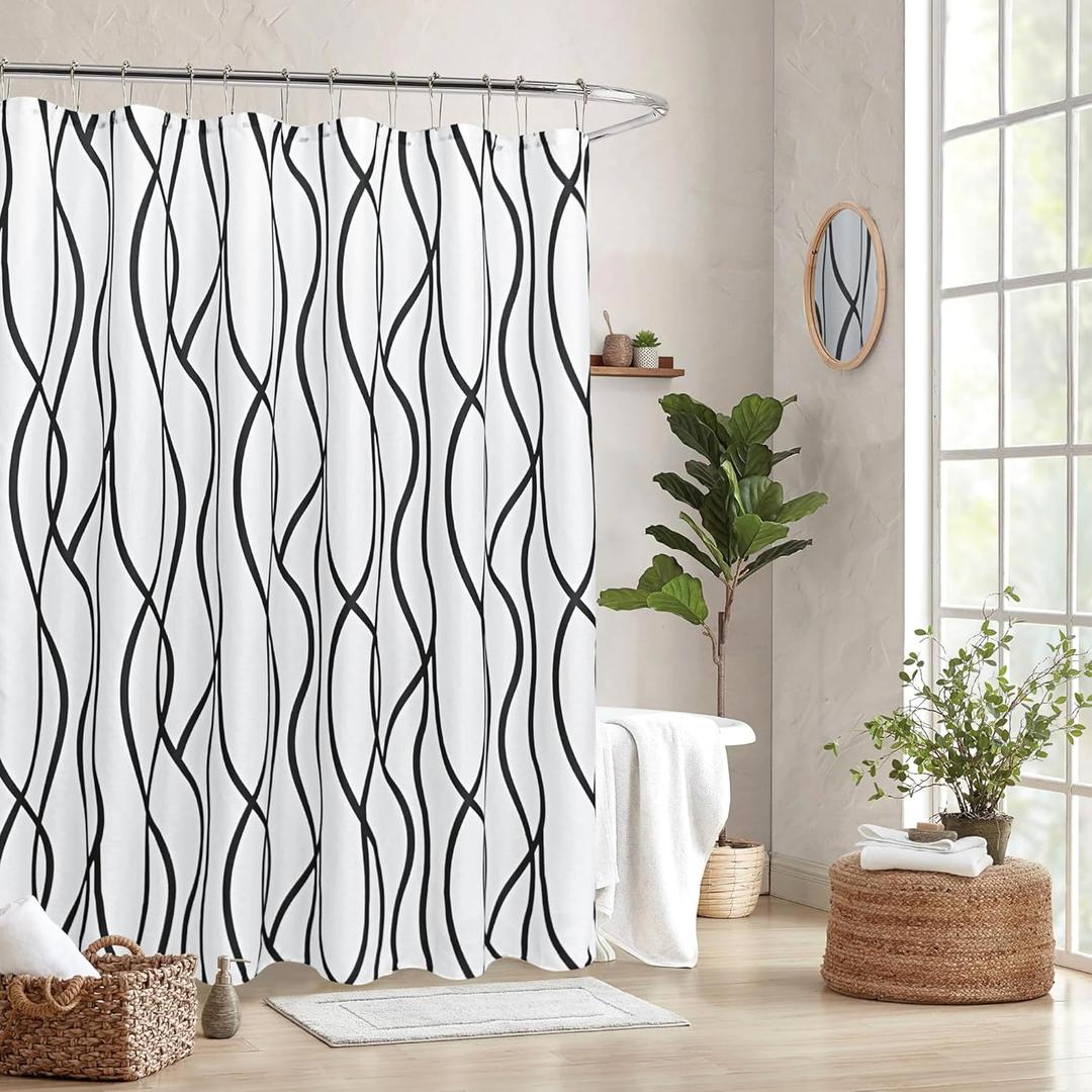 Biscaynebay Extra Long Textured Fabric Shower Curtain 72 W x 84 L, Black Printed Striped Linen Modern Hotel Luxury Quality Cloth Bathroom Curtains Machine Washable