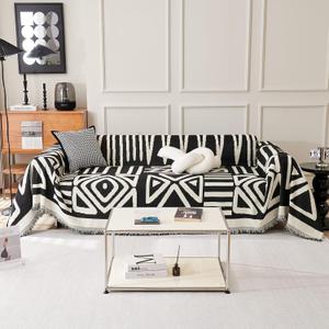 VClife Boho Couch Cover Dog Washable Couch Covers for 3 Cushion Couch, Reversible White and Black Checkered Plaid Bed Futon Sofa Protector with Tassel Furniture Protector for Pet 91"x134"