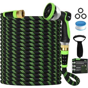 Garden Hose Non-Expanding 100ft, Flexible Water Hose with 10 Function Spray Nozzle, Lightweight, Kink Free,Leak Proof Water Hose for Outdoor,Yard, Lawn, Car Wash, Pet,RV (100FT) Green