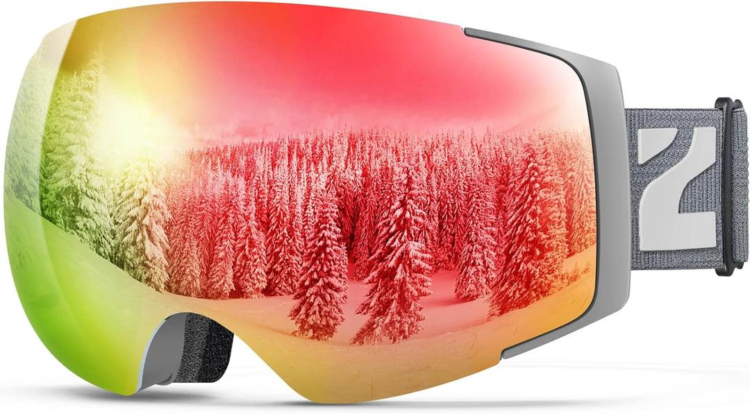 ZIONOR X4 Ski Goggles Magnetic Lens - Snowboard Goggles for Men Women Adult - Snow Goggles Anti-fog UV Protection (B6-grey Frame Revo Red Lens)