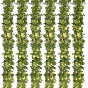 Dolicer 6 Packs 6FT Artificial Eucalyptus Garland with LED Light String, Faux Greenery Garland Hanging Fake Silver Dollar Eucalyptus Leaves Vines for Wedding Backdrop Arch Table Wall Party Home Decor