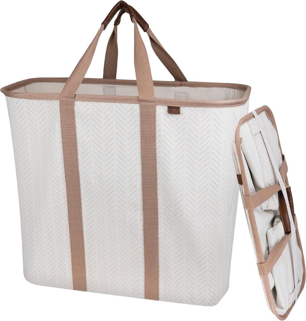 CleverMade Collapsible Laundry Caddy -LUXE Cream Herringbone 2Pack 64L -Foldable Storage Organization Container Clothes Laundry Room Storage Solution
