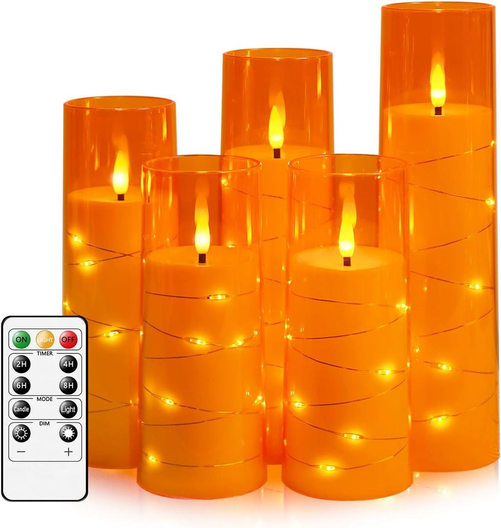 Flameless LED Candles with Timer 5 Pc Flickering Flameless Candles for Romantic Ambiance and Home Decoration Stable Acrylic Shell,with Embedded Star StringBattery Operated CandlesOrange