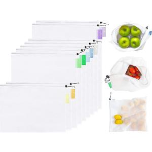 purifyou Set of 9 Reusable Produce Bags, Heavy Duty Washable Mesh Grocery Bag with Drawstring, Ideal for Farmers Market, Beach, and Refrigerator Storage (Extra Large, Large, Small)