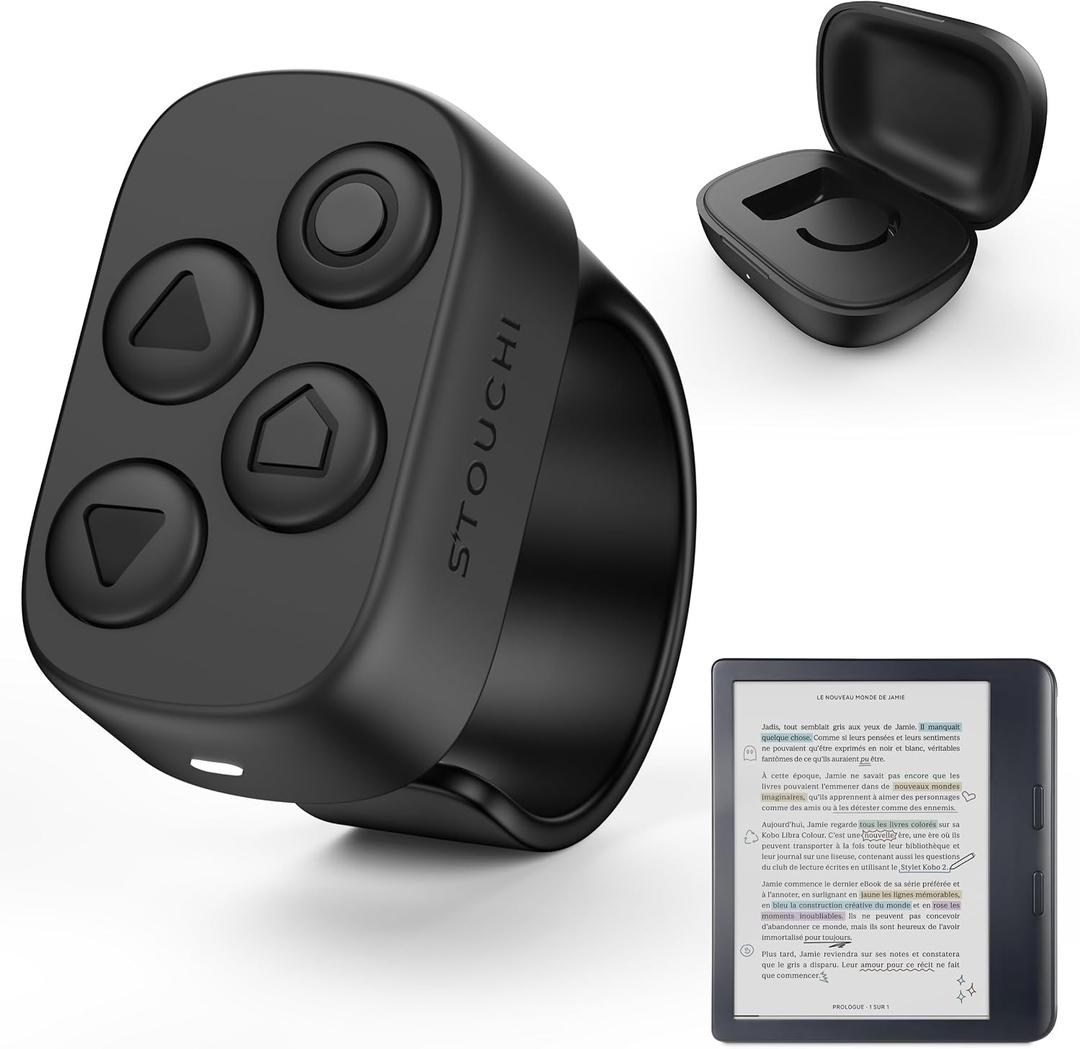 [Designed for Kobo] Remote, Stouchi #1 No-Clip Multi-Function Page Turner Ring with USB C Charging Case Hands-Free Reading for Clara BW/Libra Colour/Clara Colour/Elipsa/Clara 2E/Libra 2/Sage- Black