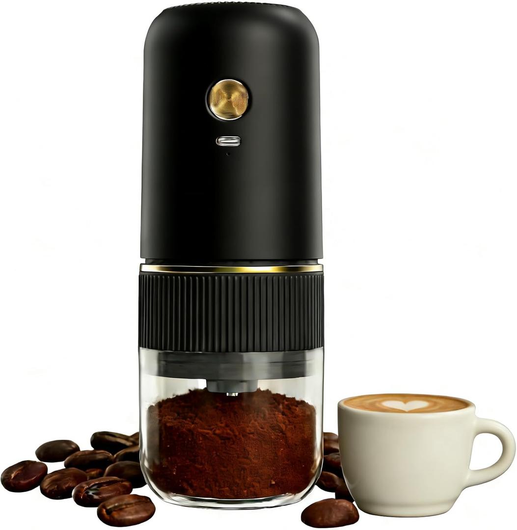 Coffee Grinder Electric Automatic Spice Grinder Adjustable Coarseness Rechargeable Coffee Grinder Portable Mini Bur Mill for Home Use (Black)