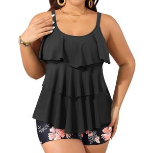 Yonique Plus Size Tankini Swimsuits for Women Two Piece Ruffle Swimsuit | High Waist Shorts, 3-Layer Ruffle, Removable Cups, Adjustable Straps (S)
