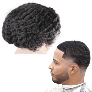Mens Afro Toupee Translucent French Lace Man Wave Unit 1B# Off Black Mens Wig 10MM Wave 360 Toupee Hairpiece 100% Human Hair System cutable 8x10inch