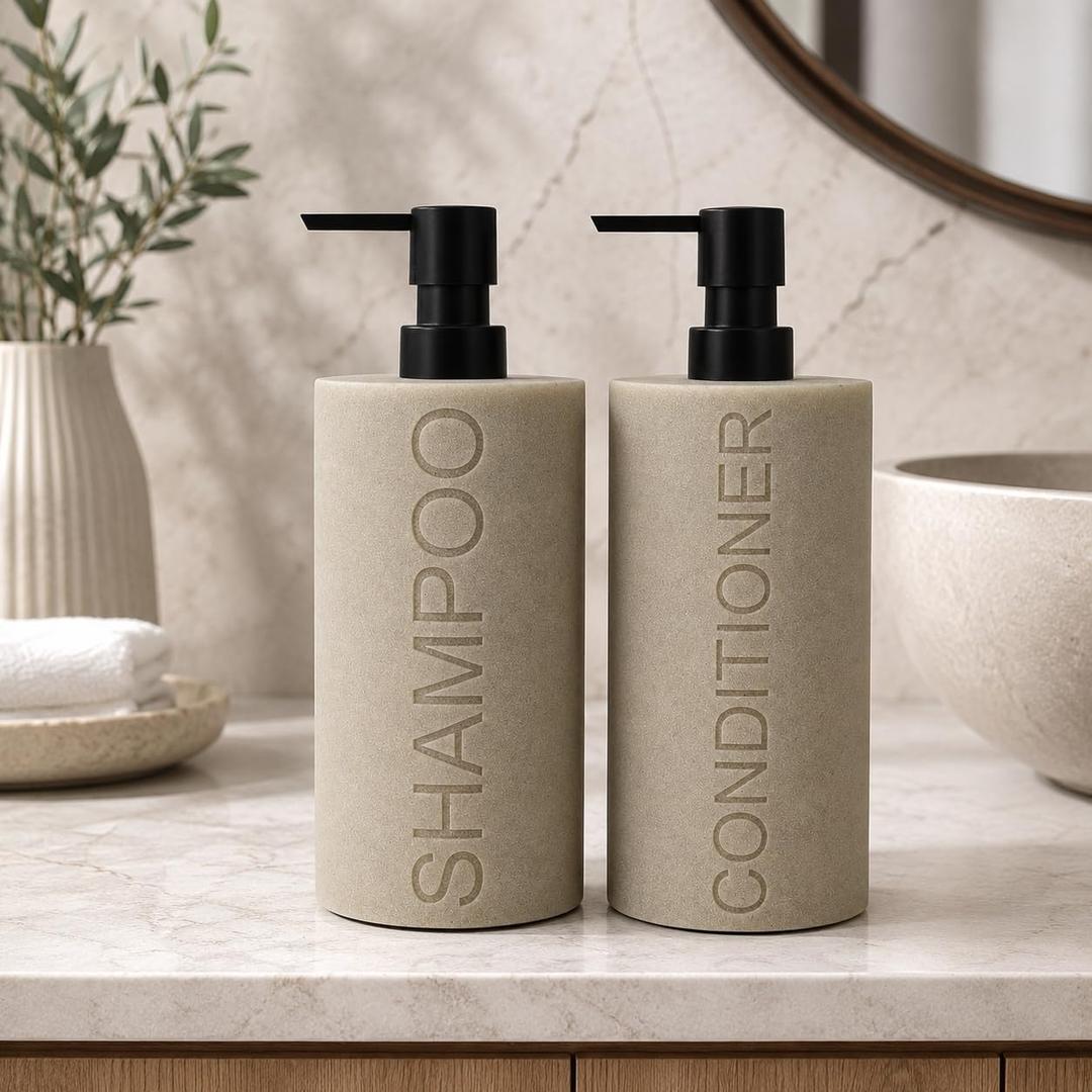 Resin 2 Pack Shampoo, Conditioner or Body Wash Dispenser Set, Luxurious Refillable Pump Bottles with Matte Pump Top and Embossed Text, Durable Design for Bathroom and Shower