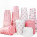 Whaline 100Pcs Pink Bow Paper Cups with Lids 16oz Bowknot Heart Disposable Cups Cute Coquette Drinking Cup for Hold Cold Drinks