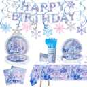 Winter Wonderland Party Tableware Set,Blue and Purple Snowflake Castle Plates,Disposable Snowflake Tableware Set,For Christmas Winter Wonderland Birthday Party Decorations