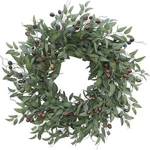 Olive Wreath 26 Inch Wreaths for Front Door with Purely Handmade Realistic Dense Olive Leaf Olive Berry, Elegant Home Decor Wreath Ideal for Front Door, Hallways, Any Area You Want to Brighten