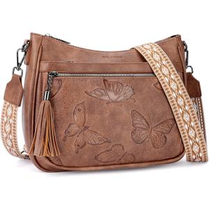 BELTANA Crossbody Bags for Women Trendy Vegan Leather Hobo Purses Medium Butterfly Cross Body Purse with Wide Strap | Adjustable Strap, Multiple Pockets, Tassel, Lightweight, Womens Gift, Shoulder Bag (Brown)