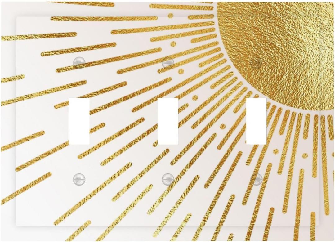 Mid Century Boho Gold Sun Abstract Sunrise Decorative Switch Plates 3 Gang Wall Plate Triple Toggle Light Switch Cover Faceplate Electrical Wall Panels for Kids Room Home Decor
