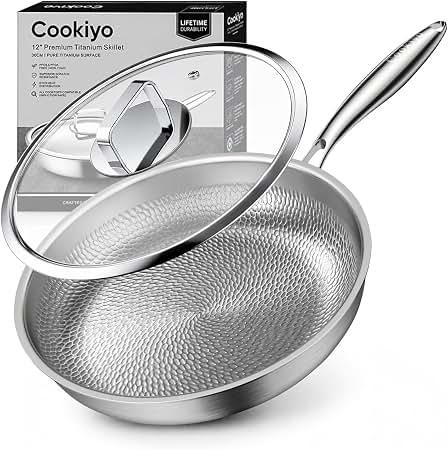 12" Titanium Pans for Cooking with Lid Hammered Tagines Skillet
