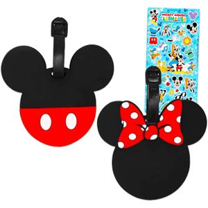 Disney Minnie Mouse and Mickey Mouse Luggage Tag PVC 2-Piece Set - Bundle Mickey and Minnie-Shaped Suitcase Tags Plus Stickers | Disney Travel Set
