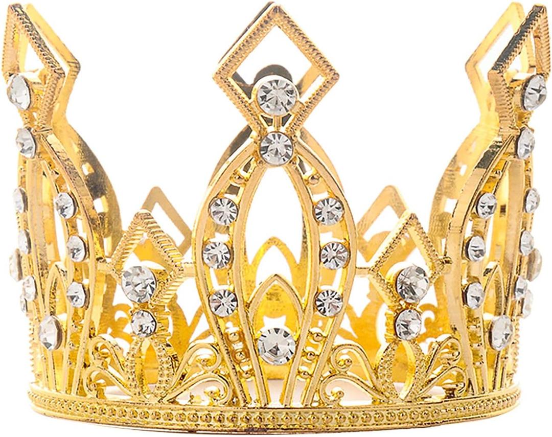 Mini Crown Cake Topper Princess and Prince Crystal Headpiece Tiara Rhinestone Crown Cake Decoration for Wedding Birthday Baby Shower Party Favors (Golden)