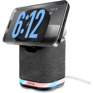 iHome Bluetooth Speaker with Wireless Charger, Charging Station with Color Changing Night Light - Dark Gray (iPBT50DG)