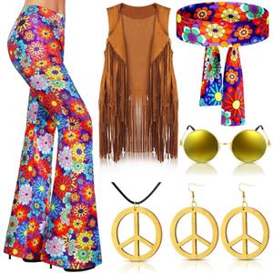 Haull 7 Pcs 60s 70s Disco Hippie Outfits for Women Halloween Costume Set Boho Flared Pants Fringe Vest Peace Sign (S)
