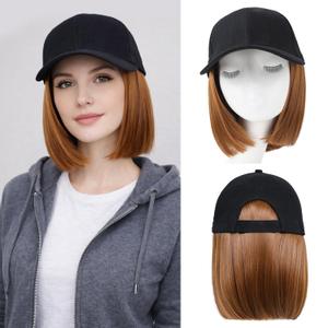 Hat Wigs for Women Baseball Cap with Hair Extensions Short Straight Bob Hairstyle Caps with Hair Attached Adjustable Baseball Cap Wig for Daily Party(12inch)