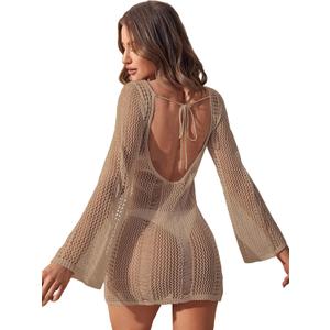Floerns Women's Crochet Cover Up Long Sleeve Hollow Out Bikini Swimsuit Beach Cover Up Swimwear (Large, Camel Beige)
